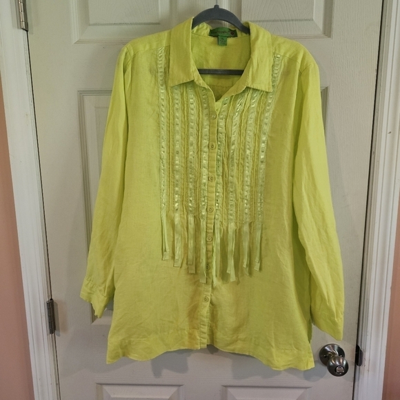 Island Republic 100% Linen Tassle Button Down Neon Green Chartreuse Top - Picture 1 of 6